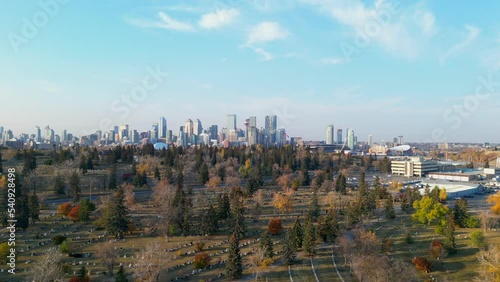 Aerial view of Burnsland Cemetery and Union Cemetery with the City of Calgary Alberta in the background photo