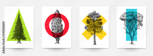 Set background template of card, cover, poster, banner, flyer with hand drawn trees and color geometric shapes. Collection minimalistic modern art composition. Creative vector illustration.