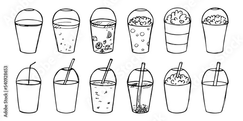 Cute cups of water, milkshake, juice and soda. Drink illustration. Simple cocktail clipart set