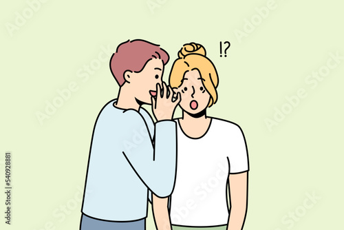 Young man whisper secret to stunned woman ear. Male tell secret hidden information to astonished female. Secrecy and gossip. Vector illustration. 