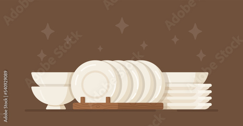 Vector illustration of clean dishes isolated on a brown background. Beautiful clean white dishes. Illustration on the theme of washing dishes and cleaning the house. 