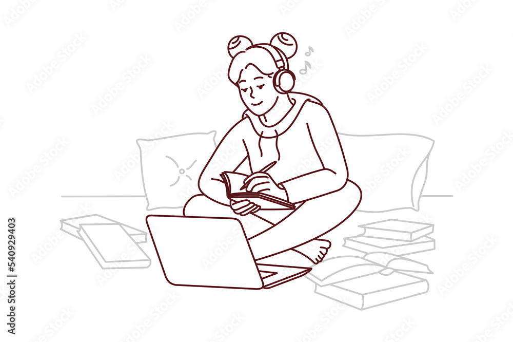 Girl in headphones study on laptop at home take notes in notebook. Happy female student in earphones write notepad have online class on computer. Vector illustration.