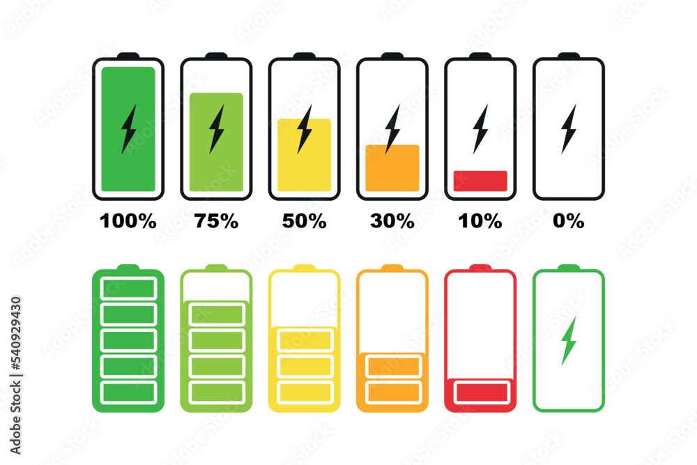 Battery icons set. Set of battery charge level indicators. Set battery with different level of charge. Level battery energy. Discharged and fully charged battery smartphone. Vector illustration Battery icons set. Set of battery charge level indicators. Set battery with different level of charge. Level battery energy. Discharged and fully charged battery smartphone. Vector illustration