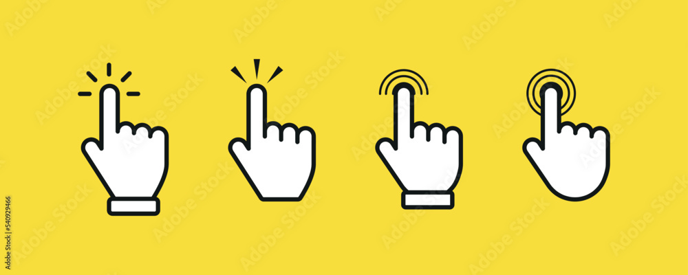 Vector set of hand cursor icons. Clicking cursor, pointing hand clicks icons. Computer mouse click. Hand pointer clicking effect. Vector illustration Vector set of hand cursor icons. Clicking cursor, pointing hand clicks icons. Computer mouse click. Hand pointer clicking effect. Vector illustration