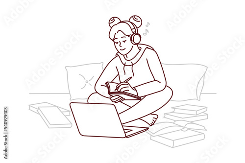 Girl in headphones study on laptop at home take notes in notebook. Happy female student in earphones write notepad have online class on computer. Vector illustration.