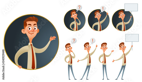 Finding a new idea concept. Set of cartoon businessman thinks about a problem, finds a solution and demonstrates it. Vector illustration. Isolated on white.