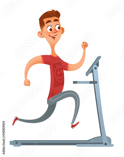 Funny cartoon man exercising on a treadmill. Vector illustration dedicated to sports and a healthy lifestyle. Isolated on white background.