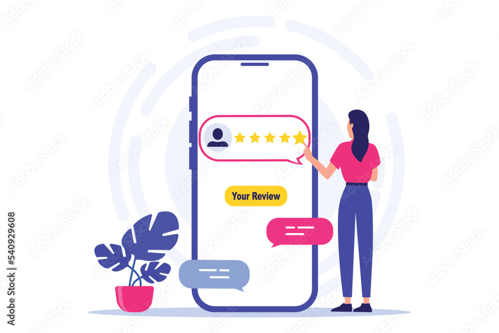 Customer review and user rating concepts. Woman stand near big smartphone and rate a mobile app five stars. Customer feedback and high rating. User giving five star feedback Customer review and user rating concepts. Woman stand near big smartphone and rate a mobile app five stars. Customer feedback and high rating. User giving five star feedback