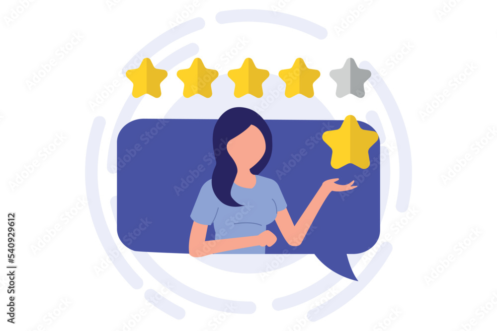 Customer review and user rating concepts. Customer feedback and high rating. User giving five star feedback. Woman pointing to five stars as a rating result. Customer feedback and positive rating Customer review and user rating concepts. Customer feedback and high rating. User giving five star feedback. Woman pointing to five stars as a rating result. Customer feedback and positive rating