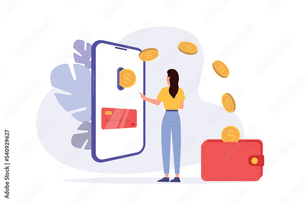 Woman paying online and receiving bonus money. Cash back, loyalty program. Online cashback concept design with mobile smartphone. Saving money. Refund money service app on phone screen. Online banking Woman paying online and receiving bonus money. Cash back, loyalty program. Online cashback concept design with mobile smartphone. Saving money. Refund money service app on phone screen. Online banking