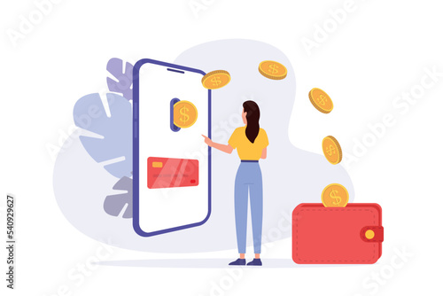 Woman paying online and receiving bonus money. Cash back, loyalty program. Online cashback concept design with mobile smartphone. Saving money. Refund money service app on phone screen. Online banking