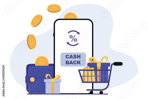 Cash back or money refund with mobile smartphone. Online cashback concept design. Money saving. Money refund, financial savings. Loyalty program, bonus service app on smartphone screen. Online banking