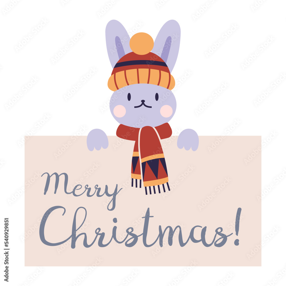 Fototapeta premium Merry Christmas banner with rabbit in warm knitted scarf and hat, cartoon style. Cozy mood for winter. Trendy modern vector illustration isolated on white background, hand drawn, flat design.