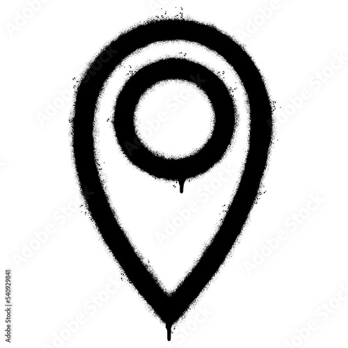 Spray Painted Graffiti Map pointer icon Sprayed isolated with a white background. graffiti GPS location symbol with over spray in black over white. Vector illustration.