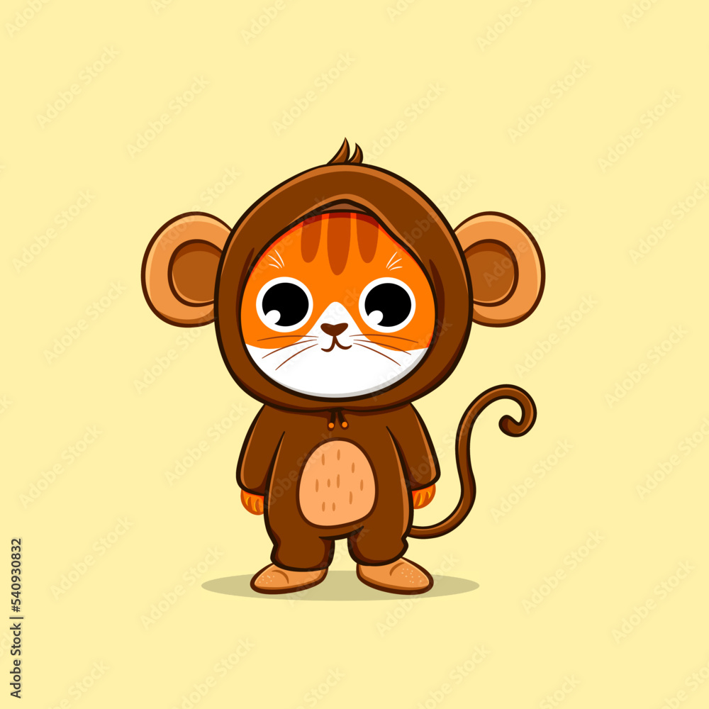 Cute cat wearing monkey costume cartoon vector icon illustration Stock