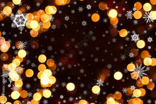 Christmas illustration with white snowflakes  glare and sparkles on black background. Winter overlay. bokeh