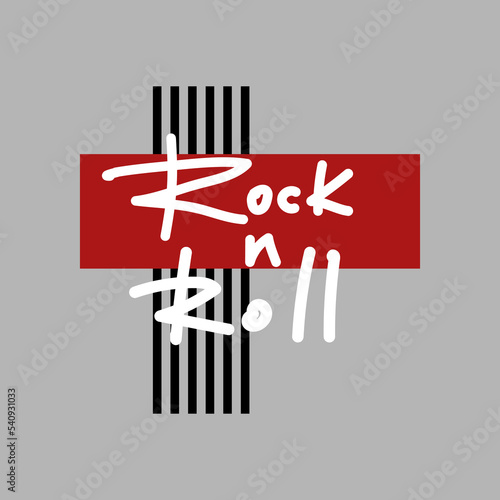 Isolated white Rock n Roll graffiti tag on a black and red cross on a gray background. Handwritten phrase for album cover, for design t-shirt, postcard, prints, stickers or social media. Vector