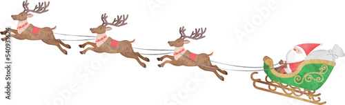 トナカイのそりに乗っているサンタクロース 　手描き水彩風