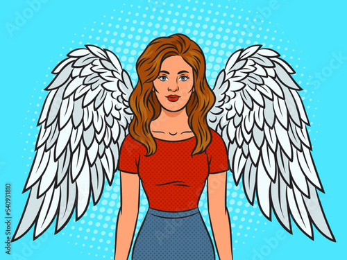 angel woman girl with white wings pinup pop art retro vector illustration. Comic book style imitation.