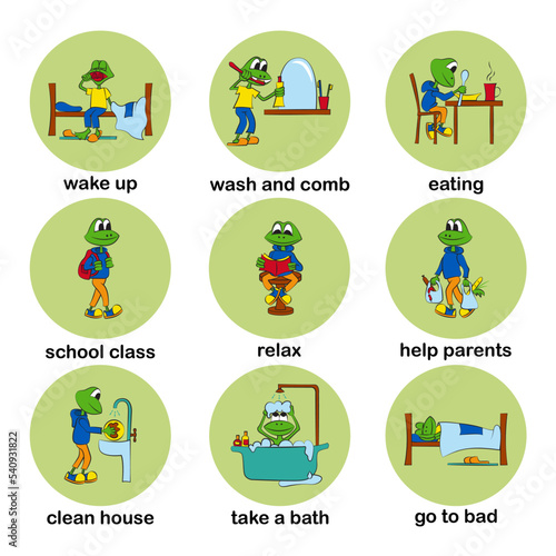 Daily routine of baby. Way of life of schoolboy. Baby frog performing various tasks during the day. Bright vector illustration.