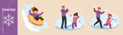 Happy boy, girl and mom playing snow  in winter. Winter activity set. Vector flat cartoon illustration of outdoor fun activities.