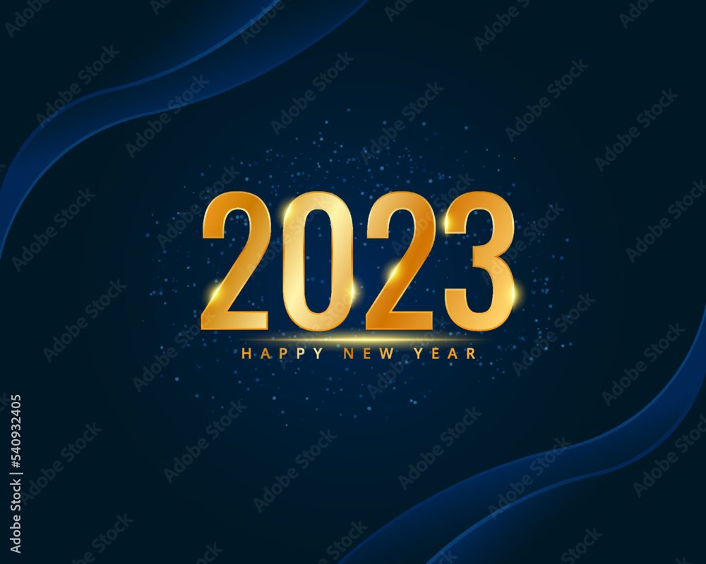 Shiny gold 2023 new year greetings on navy background with glitter template backdrop poster banner