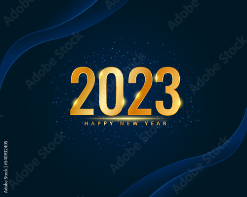 Shiny gold 2023 new year greetings on navy background with glitter template backdrop poster banner