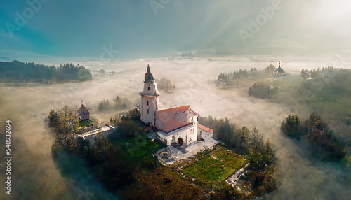 AI generated image of aerial view of Slovenia landscape around Lake Bled 