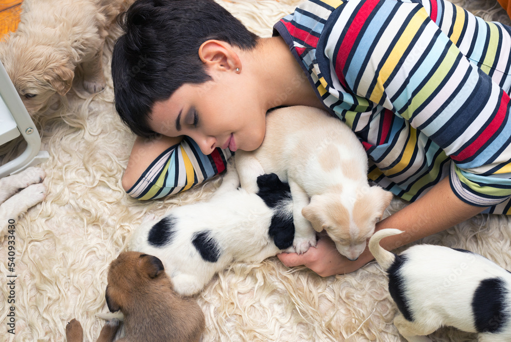 Young woman playing with puppies on the floor Young woman playing with puppies on the floor