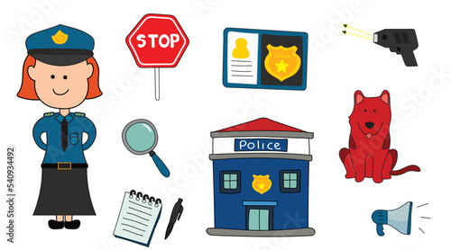 Illustration vector graphic Hand drawn color of police women officer with equipment and tools, police icon
