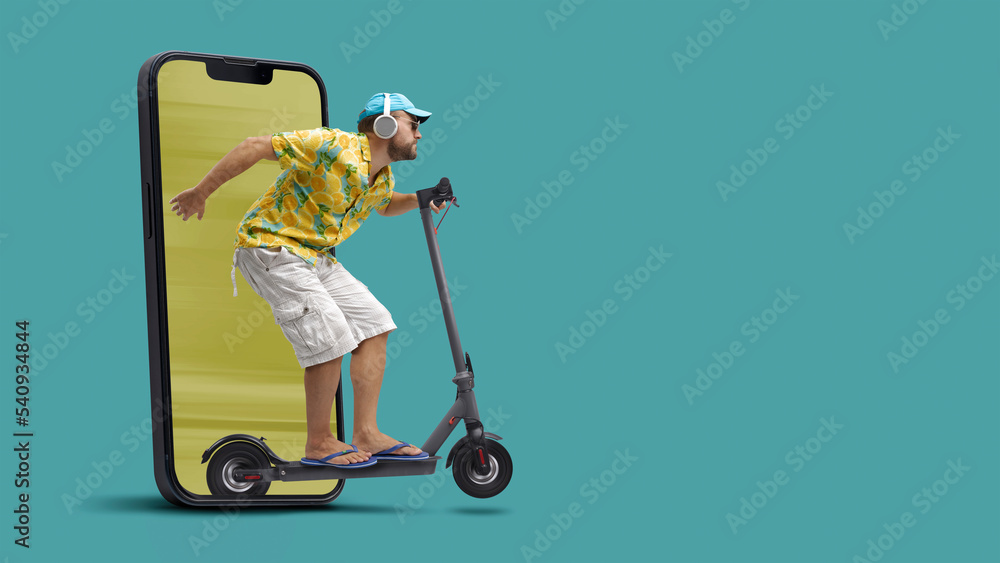 Man riding a scooter and coming out from a smartphone Man riding a scooter and coming out from a smartphone