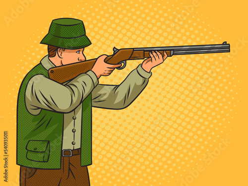 hunter aims gun pinup pop art retro vector illustration. Comic book style imitation.