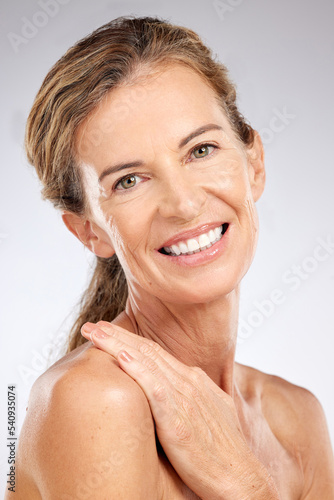 Beauty  skincare and portrait of mature woman with smile on face  skin glow and natural anti aging makeup with. Health  wellness and happy lady with healthy lifestyle  self love and body positivity.