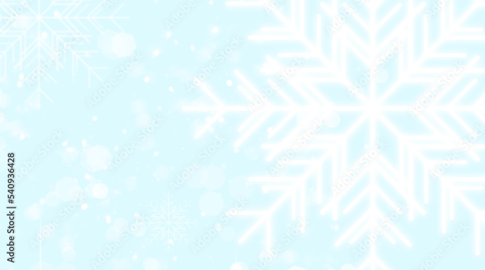 Blue banner with a large white snowflake and blurry lights. Christmas illustration with white snowflakes on a light blue background with highlights. Blue banner with a large white snowflake and blurry lights. Christmas illustration with white snowflakes on a light blue background with highlights.