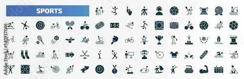 sports filled icons set. flat icons such as adventure, commentator, fishing man, badminton, skiing, racing bike, fencing, game board, pool ball, dumbbell for training glyph icons.