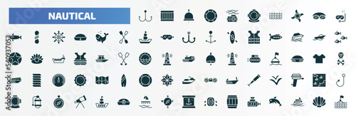 nautical filled icons set. flat icons such as fishing hook, water resist camera, snorkel, whale, speed boat, ferry facing right, seagull, air tank, wood raft, ship engine glyph icons.