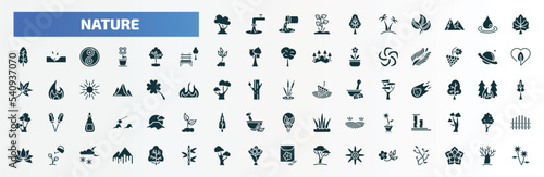 nature filled icons set. flat icons such as white oak tree, tree with big foliage, basswood tree, growing, saturn with his ring, reeds, ruins, watering plant, black oak flower of leaves glyph icons. © Farahim