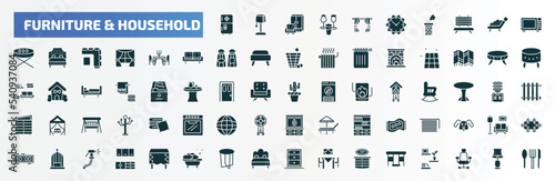 furniture & household filled icons set. flat icons such as fridge, curtains, microwave, dinner table, coffee table, cactus, window coverings, bird cage, side table, gateleg glyph icons.
