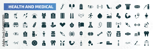 health and medical filled icons set. flat icons such as dental drill, gym, serum, patient robe, tonometer, yoga mat, poisonous, beat, bio, measure tape glyph icons.