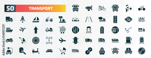 set of 50 filled transport icons. flat icons such as school van, bikes, airport checking, workshop repair, loaded truck side view, school bus stop, alloy wheel, road sweeper, hands free device,