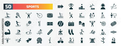set of 50 filled sports icons. flat icons such as board gaming, ski, estadio, golf player hitting, climbing with rope, exercise gym, golf, breakdancing dancer, sprint, fishing man glyph icons.