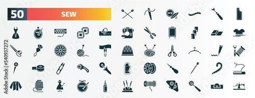 set of 50 filled sew icons. flat icons such as knitting neddles, material, running stitch, fabric, wool ball, clothes hanger, thread nippers, awl, spool, cotton reel glyph icons.