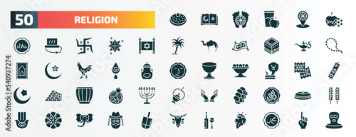 set of 50 filled religion icons. flat icons such as sufganiyah, and honey, judaism, genie lamp, bindi, cobra, tablas, challah, flowers, hebrew wine glyph icons.