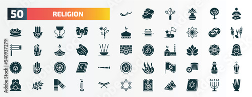 set of 50 filled religion icons. flat icons such as shofar, meditation, budding staff, jewish bagels, conch shell, lotus, cake, israel flag, olive branch, halakha glyph icons.