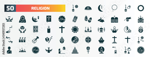 set of 50 filled religion icons. flat icons such as zuhr prayer, crown of thorns, halal, eyd gun, candle, diwali, oud, ner tamid, abrahamic, gticism glyph icons.