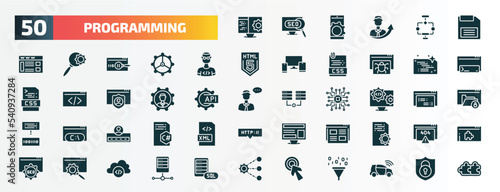 set of 50 filled programming icons. flat icons such as computing, floppy disk, developer, clean code, seo management, engineering, login, landing page, web optimization, click glyph icons.