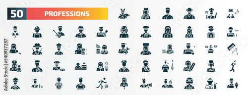 set of 50 filled professions icons. flat icons such as superhero, mafia, painter, butler, makeup artist, welder, postman, president, statistician, marketing manager glyph icons.