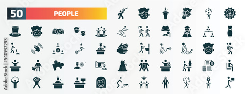 set of 50 filled people icons. flat icons such as man with big key, perfect worker, team success, businessmen hierarchy, witch flying broom, sweeper working, mind game, chemist working, pulling