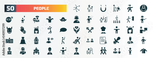 set of 50 filled people icons. flat icons such as complex, woman profile, pirate head, man throwing a dart, shot put, crucified pose, bride avatar, woman covering, breastfeeding, man knocking a door