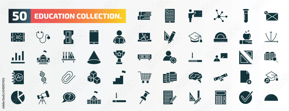 set of 50 filled education collection. icons. flat icons such as two books, new email, student and books, book and, cone geometrical, teacher with stick, paperclip, human brain, telescope, set of 50 filled education collection. icons. flat icons such as two books, new email, student and books, book and, cone geometrical, teacher with stick, paperclip, human brain, telescope,